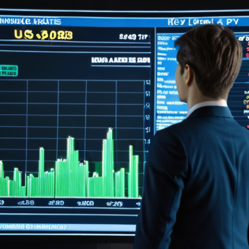 A sophisticated financial analyst, mid-shot, calmly observing a holographic display showing real-time global economic data, including currency exchange rates (USD/JPY, EUR/JPY) and AI-generated market predictions. The setting is a modern, high-tech office, with digital interfaces and charts seamlessly integrated into the environment. Emphasize a blend of human intuition and advanced technology, conveying intelligence, stability, and future-oriented analysis. Colors should be cool blues, greens, and subtle gold, suggesting wealth and clarity.