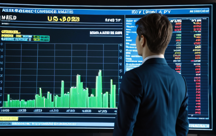A sophisticated financial analyst, mid-shot, calmly observing a holographic display showing real-time global economic data, including currency exchange rates (USD/JPY, EUR/JPY) and AI-generated market predictions. The setting is a modern, high-tech office, with digital interfaces and charts seamlessly integrated into the environment. Emphasize a blend of human intuition and advanced technology, conveying intelligence, stability, and future-oriented analysis. Colors should be cool blues, greens, and subtle gold, suggesting wealth and clarity.