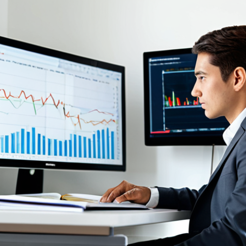 A focused professional individual, fully clothed in modest business attire, sitting at a sleek desk in a well-lit modern home office. The desk features a large monitor displaying detailed financial charts and foreign exchange rate graphs. Books on finance are neatly arranged on a shelf in the background, suggesting continuous learning. The individual has a thoughtful, contemplative expression, observing the data. The scene is captured with professional photography, natural lighting, and sharp focus, emphasizing a journey of understanding and financial growth. safe for work, appropriate content, perfect anatomy, correct proportions, natural pose, well-formed hands, proper finger count, natural body proportions.