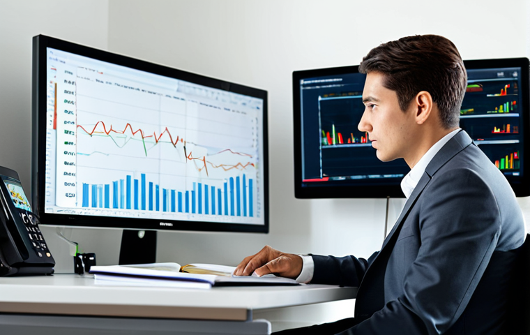 A focused professional individual, fully clothed in modest business attire, sitting at a sleek desk in a well-lit modern home office. The desk features a large monitor displaying detailed financial charts and foreign exchange rate graphs. Books on finance are neatly arranged on a shelf in the background, suggesting continuous learning. The individual has a thoughtful, contemplative expression, observing the data. The scene is captured with professional photography, natural lighting, and sharp focus, emphasizing a journey of understanding and financial growth. safe for work, appropriate content, perfect anatomy, correct proportions, natural pose, well-formed hands, proper finger count, natural body proportions.