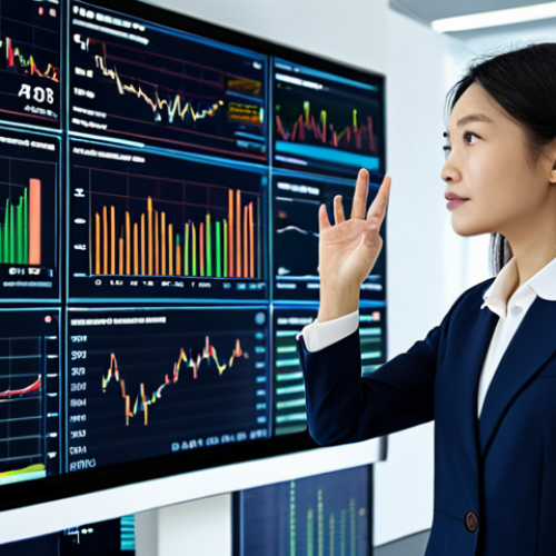 A professional female Foreign Exchange Management Specialist (外為管理士) in a modest, modern business suit, standing confidently in a high-tech financial office. Large digital screens display complex market data visualizations, charts, and AI-generated insights in the background. She is observing the data with a focused, insightful expression, gently gesturing towards a screen. The image should convey deep understanding of data analysis and AI integration for market insights. fully clothed, appropriate attire, safe for work, perfect anatomy, correct proportions, natural pose, well-formed hands, proper finger count, professional, high quality, realistic photography, sharp focus.