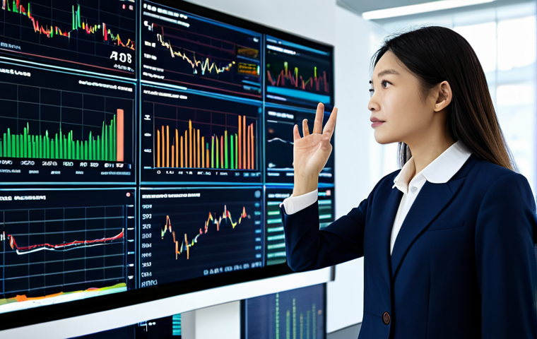 A professional female Foreign Exchange Management Specialist (外為管理士) in a modest, modern business suit, standing confidently in a high-tech financial office. Large digital screens display complex market data visualizations, charts, and AI-generated insights in the background. She is observing the data with a focused, insightful expression, gently gesturing towards a screen. The image should convey deep understanding of data analysis and AI integration for market insights. fully clothed, appropriate attire, safe for work, perfect anatomy, correct proportions, natural pose, well-formed hands, proper finger count, professional, high quality, realistic photography, sharp focus.