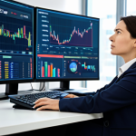 A focused professional woman, mid-30s, wearing a modest dark business suit, sitting comfortably at a sleek, modern desk. She is observing multiple large screens displaying intricate financial charts, currency exchange rates, and analytical graphs. Her expression is calm and contemplative, reflecting deep analysis and data-driven decision making. The office environment is bright, minimalist, and high-tech, with subtle abstract data streams flowing in the background. Full body shot, well-formed hands, proper finger count, perfect anatomy, correct proportions, natural pose. Professional photography, high detail, sharp focus, vibrant colors. Safe for work, appropriate content, fully clothed, professional, family-friendly.