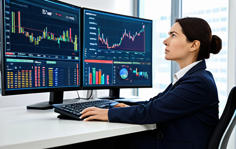 A focused professional woman, mid-30s, wearing a modest dark business suit, sitting comfortably at a sleek, modern desk. She is observing multiple large screens displaying intricate financial charts, currency exchange rates, and analytical graphs. Her expression is calm and contemplative, reflecting deep analysis and data-driven decision making. The office environment is bright, minimalist, and high-tech, with subtle abstract data streams flowing in the background. Full body shot, well-formed hands, proper finger count, perfect anatomy, correct proportions, natural pose. Professional photography, high detail, sharp focus, vibrant colors. Safe for work, appropriate content, fully clothed, professional, family-friendly.