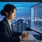 외환관리사와 신입사원 성공 비결 - **Prompt:** A dynamic, slightly futuristic office scene featuring a young Japanese professional (ear...