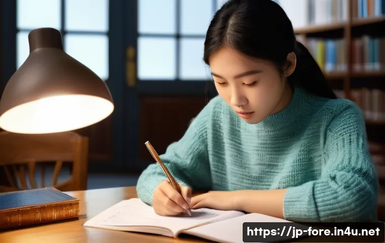외환관리사 시험 대비 모의고사 - **Prompt 1: Focused Exam Preparation**
    "A diligent young woman (early 20s, East Asian, wearing c...