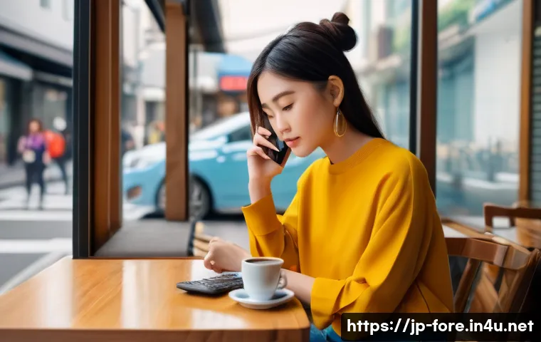 외환관리사와 외환 시장 연구 보고서 - A young woman, styled to resemble a social media influencer, sits thoughtfully at a stylish cafe tab...
