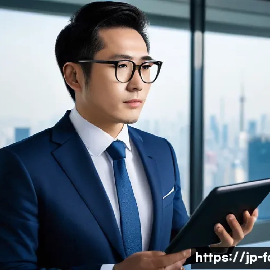 외환관리사 자격증 취득의 장점 - A professional Japanese office worker, wearing a neat business suit and glasses, confidently present...