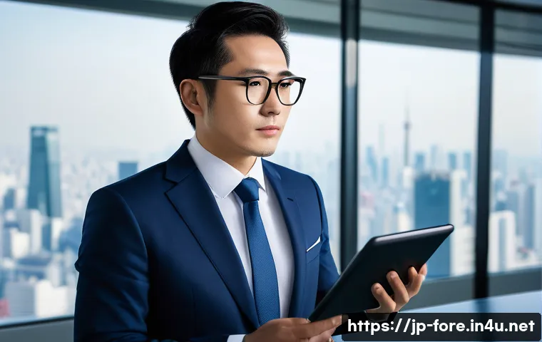 외환관리사 자격증 취득의 장점 - A professional Japanese office worker, wearing a neat business suit and glasses, confidently present...