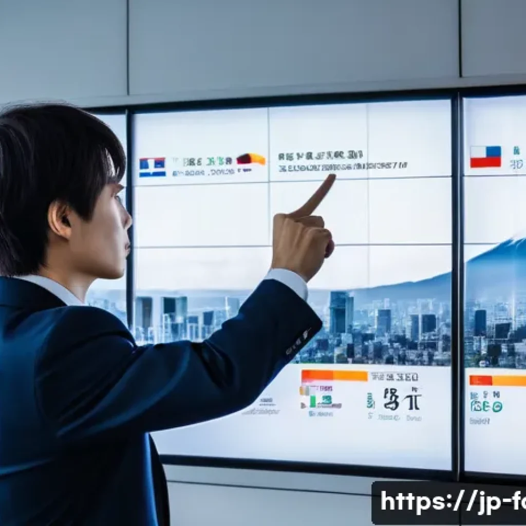 외환관리사와 경제 동향 분석 보고서 - A modern Japanese financial office scene with a professional foreign exchange manager analyzing mult...
