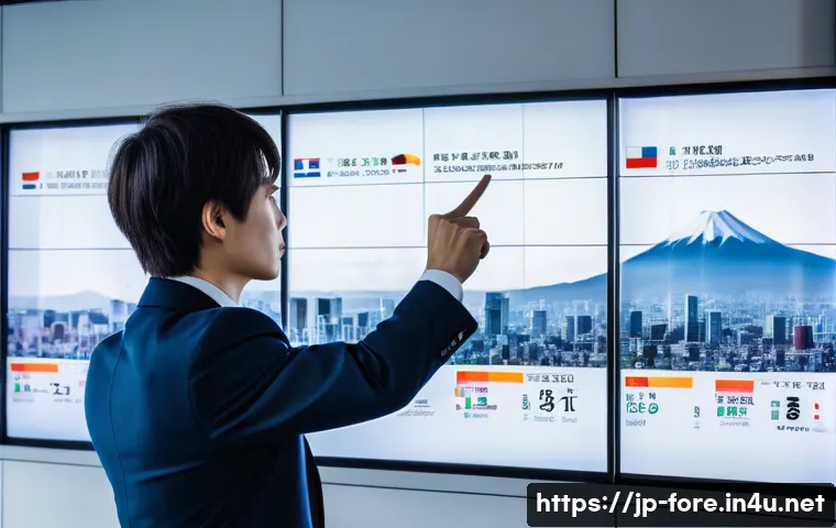 외환관리사와 경제 동향 분석 보고서 - A modern Japanese financial office scene with a professional foreign exchange manager analyzing mult...