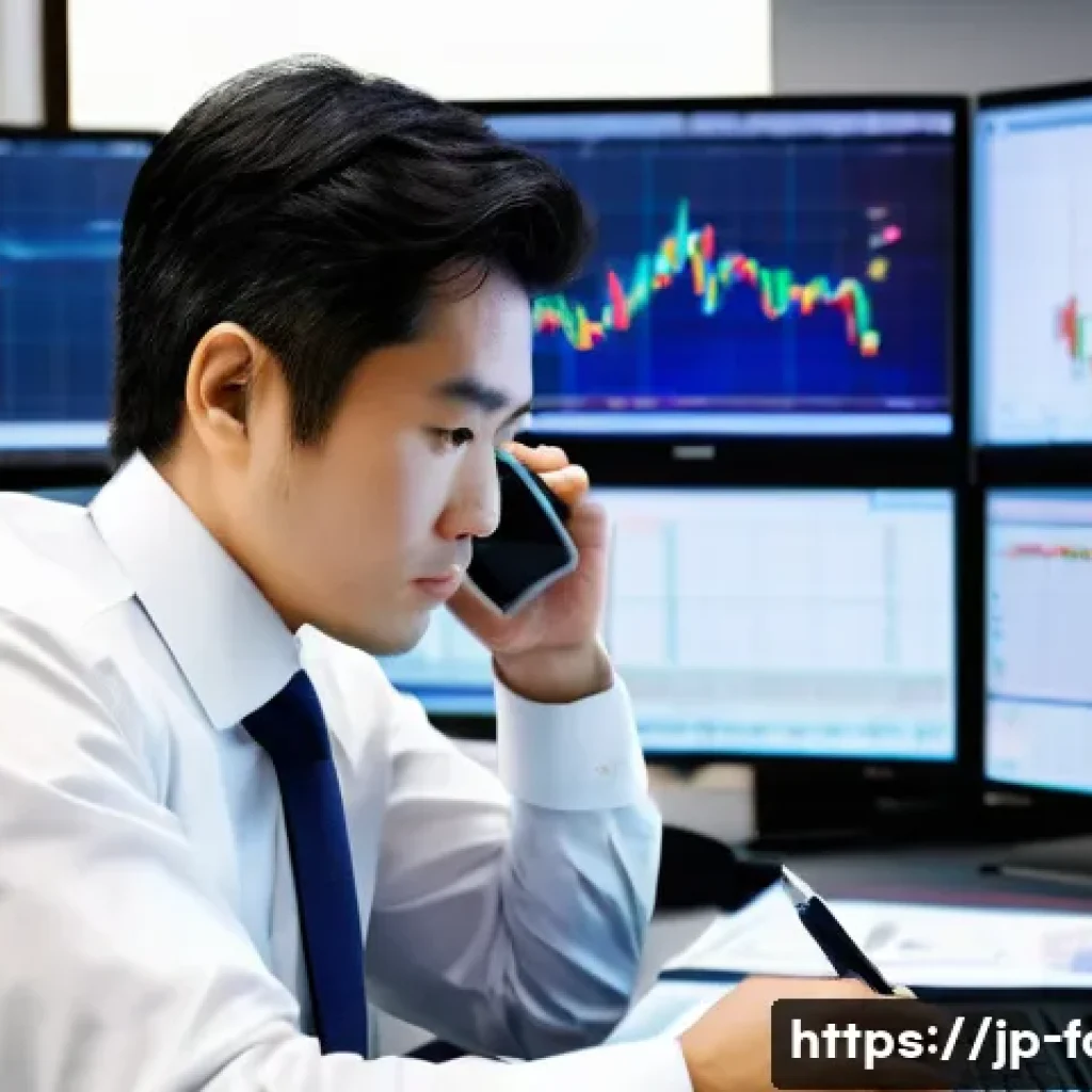 외환관리사와 외환 거래 성공 사례 연구 분석 - A professional Japanese forex trader in a modern office setting, focused on multiple large monitors ...