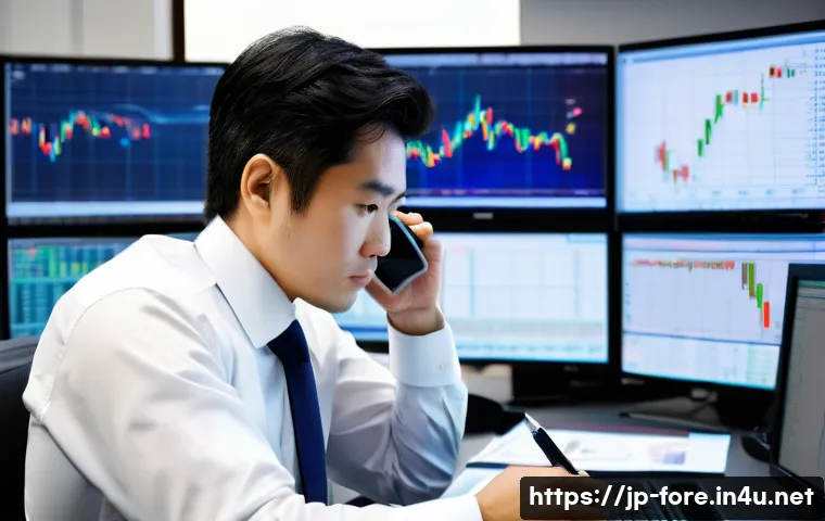 외환관리사와 외환 거래 성공 사례 연구 분석 - A professional Japanese forex trader in a modern office setting, focused on multiple large monitors ...