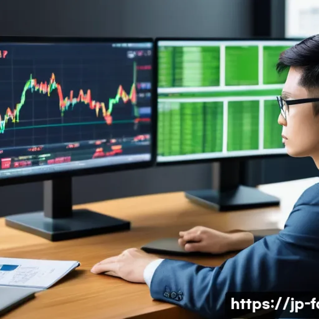 외환관리사와 외환 거래 사기 예방 - A modern Japanese office setting with a focused young Japanese trader analyzing forex charts on mult...