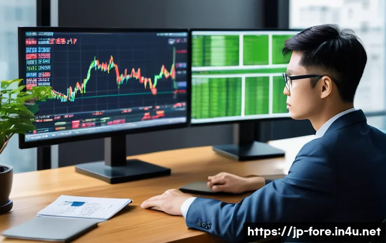 외환관리사와 외환 거래 사기 예방 - A modern Japanese office setting with a focused young Japanese trader analyzing forex charts on mult...