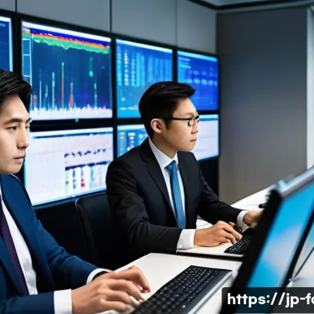 외환관리사와 내부 통제 사례 - A modern Japanese corporate office setting where a diverse team of professionals in business attire ...