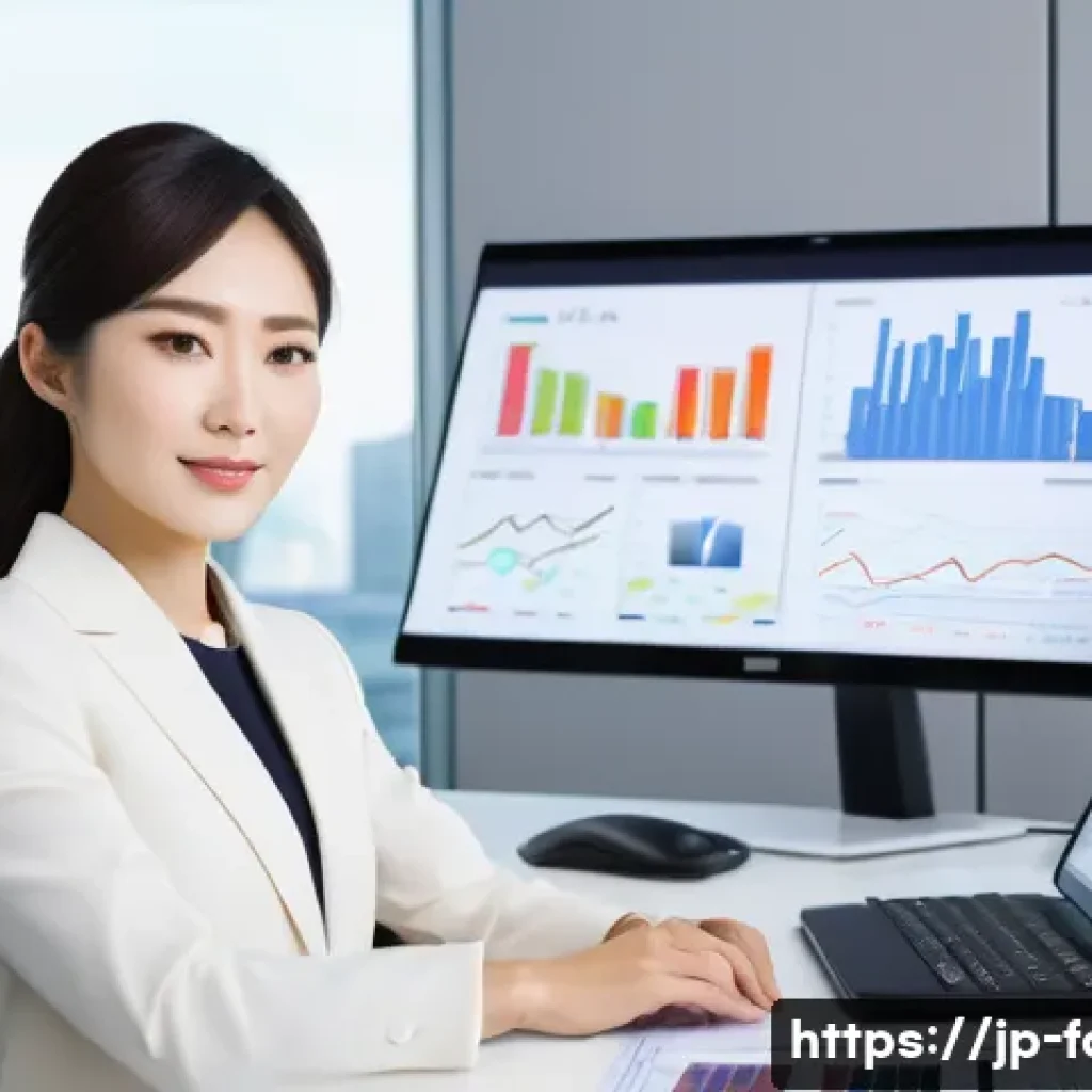 외환관리사 이직 성공 사례 - A professional Japanese office scene showing a confident Japanese businesswoman in modern business a...