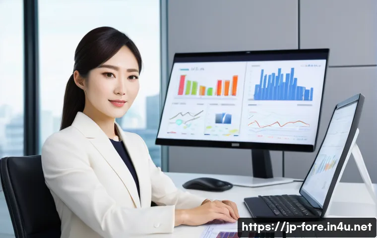 외환관리사 이직 성공 사례 - A professional Japanese office scene showing a confident Japanese businesswoman in modern business a...