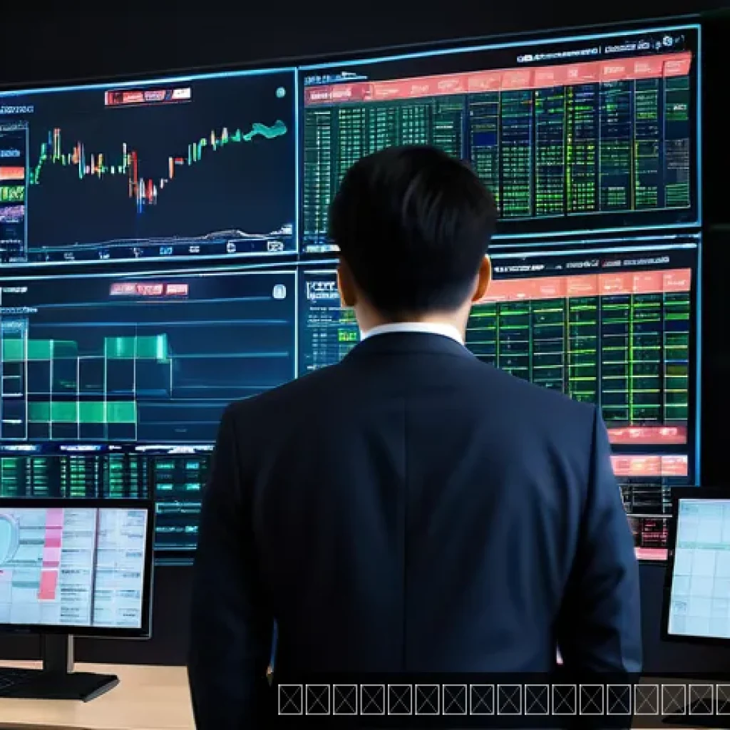 외환관리사와 외환 마케팅 전략 - A sleek, modern digital trading room with multiple large screens displaying real-time foreign exchan...