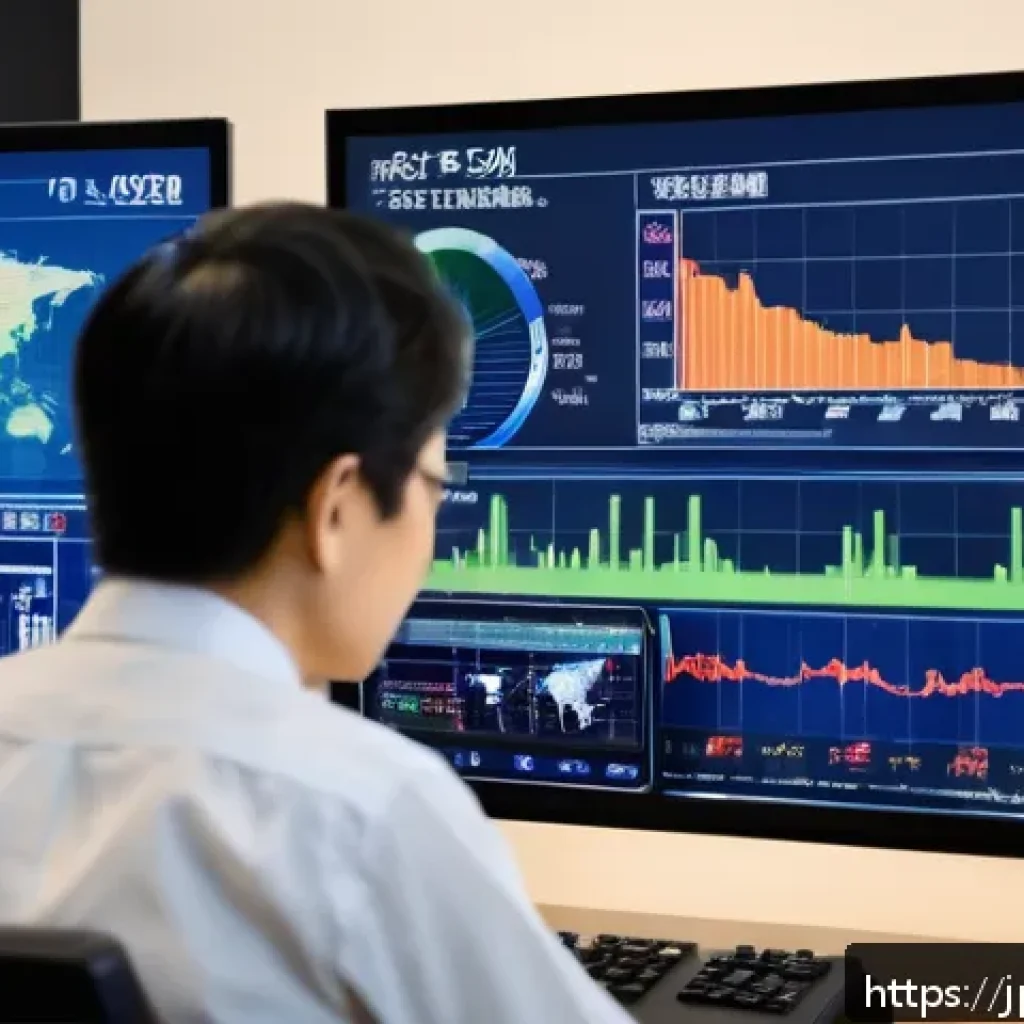 외환관리사와 금융 시장 데이터 활용 - A modern Japanese financial analyst in a sleek office setting, analyzing multiple screens showing ec...