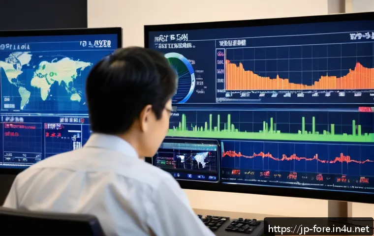 외환관리사와 금융 시장 데이터 활용 - A modern Japanese financial analyst in a sleek office setting, analyzing multiple screens showing ec...