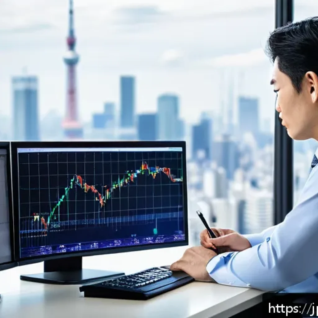 외환관리사 실무에서 꼭 알아야 할 사항 - A professional Japanese businessperson in a modern office setting, analyzing foreign exchange charts...