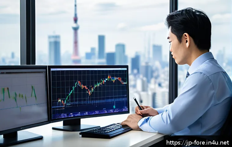 외환관리사 실무에서 꼭 알아야 할 사항 - A professional Japanese businessperson in a modern office setting, analyzing foreign exchange charts...