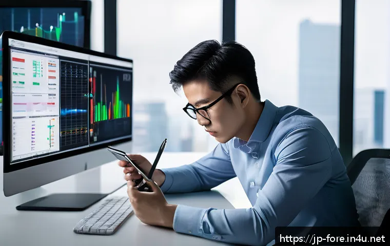 외환관리사와 외환 시장 전략 개발 - A modern, sleek forex trading desk setup with multiple high-resolution monitors displaying colorful ...