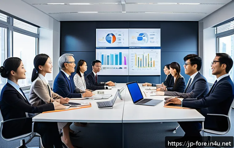 외환관리사와 국제 비즈니스 커뮤니케이션 - A modern international business meeting scene showing diverse professionals communicating via a high...