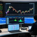 외환관리사와 외환 시장 변화 사례 - A modern, high-tech trading room with multiple large monitors displaying colorful forex charts and t...