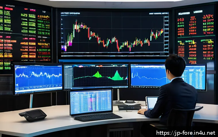 외환관리사와 외환 시장 변화 사례 - A modern, high-tech trading room with multiple large monitors displaying colorful forex charts and t...