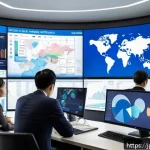 외환관리사와 글로벌 트렌드 - A detailed digital illustration of a modern corporate office environment with diverse professionals ...