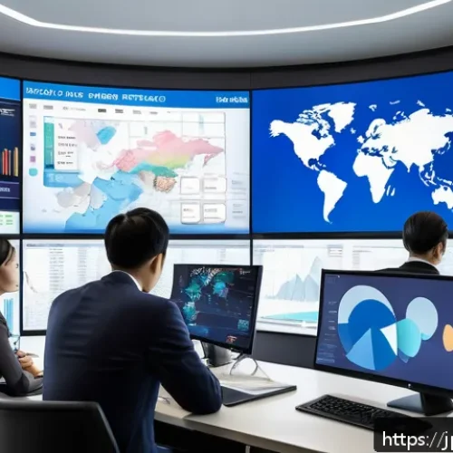 외환관리사와 글로벌 트렌드 - A detailed digital illustration of a modern corporate office environment with diverse professionals ...