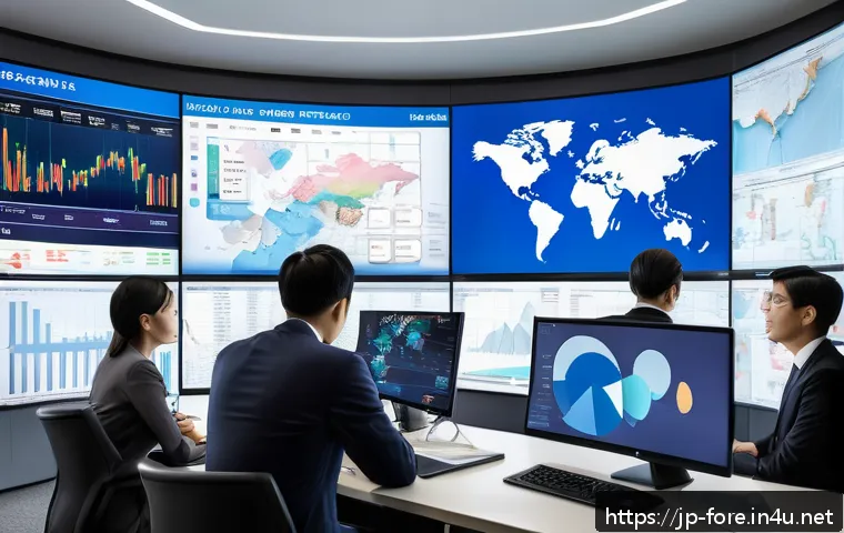 외환관리사와 글로벌 트렌드 - A detailed digital illustration of a modern corporate office environment with diverse professionals ...