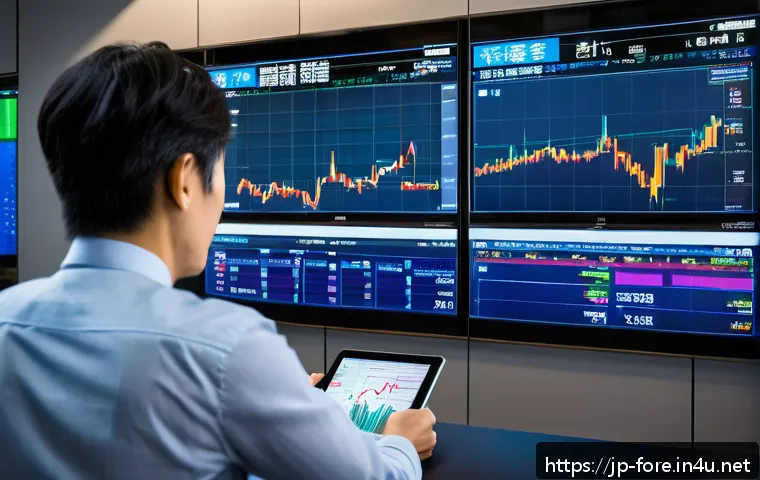 외환관리사와 외환 컨설팅 비즈니스 - A modern Japanese financial expert in a sleek office setting, analyzing multiple currency exchange c...