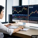 외환관리사와 외환 거래 효율화 사례 - A modern Japanese trader at a sleek desk in a minimalist home office, multiple large monitors displa...