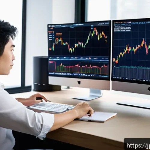 외환관리사와 외환 거래 효율화 사례 - A modern Japanese trader at a sleek desk in a minimalist home office, multiple large monitors displa...