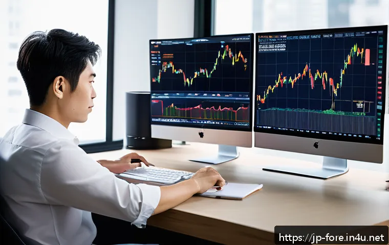 외환관리사와 외환 거래 효율화 사례 - A modern Japanese trader at a sleek desk in a minimalist home office, multiple large monitors displa...