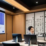 외환관리사와 외환 보안 관리 - A modern Japanese office environment with diverse professionals engaged in a cybersecurity training ...