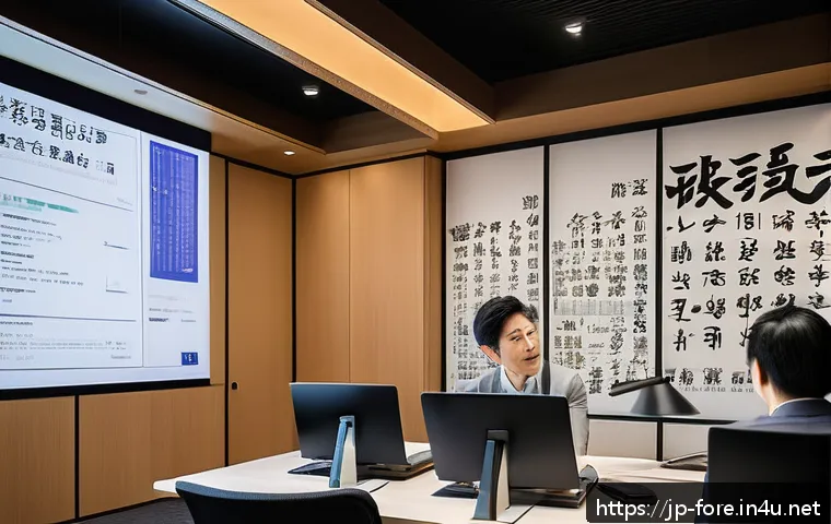 외환관리사와 외환 보안 관리 - A modern Japanese office environment with diverse professionals engaged in a cybersecurity training ...