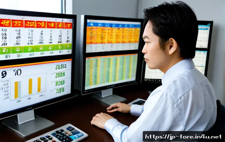 외환관리사와 외환 시스템의 변화 - Photorealistic Japanese foreign exchange manager in a modern Tokyo office, reviewing multiple clean ...